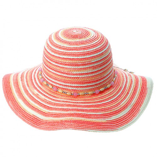 Wide Brim Mixed Stripes Toyo Straw w/ Beaded Band - Pink - HT-8181PK